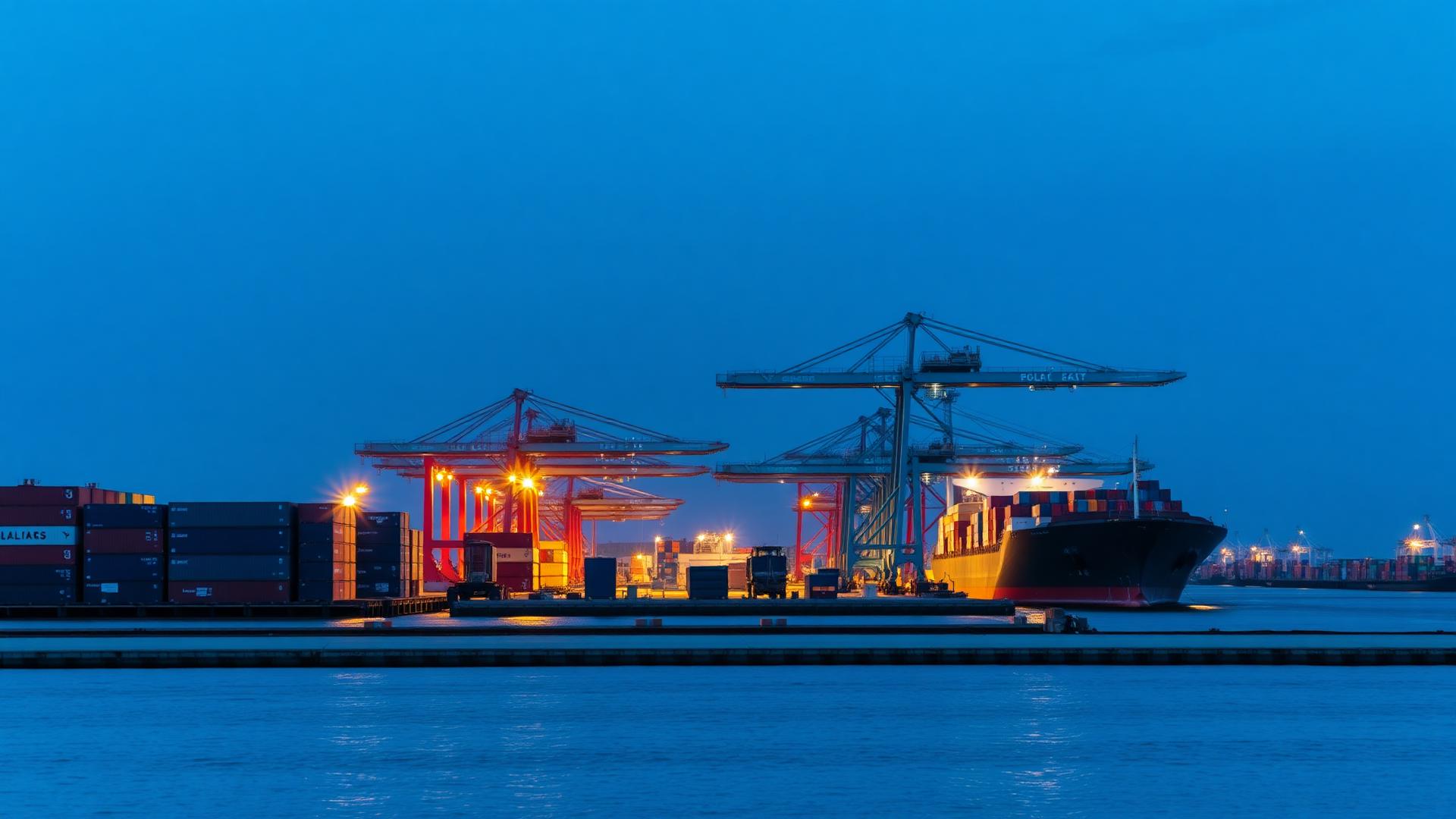 Container port at dusk with cranes loading a cargo vessel